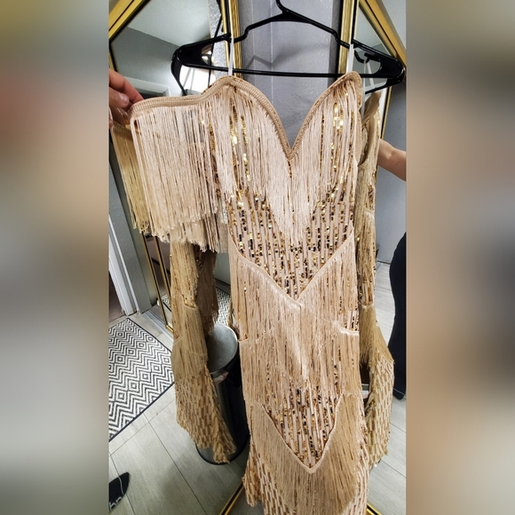 Elegant Beige Fringe Gown - Picture 2 of 11